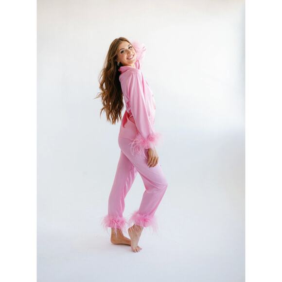 Bon Viviann x Daydreamer Pink Feather Trim Satin Pajama Set – NWT, Medium - Picture 8 of 13